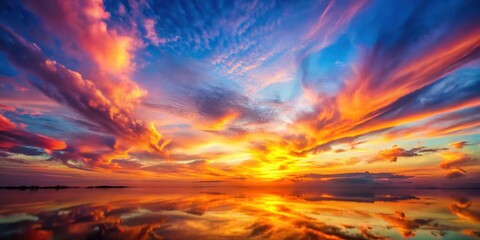 A fiery sunset paints the sky with vibrant hues, reflecting in the tranquil water below, a breathtaking display of nature's artistry.