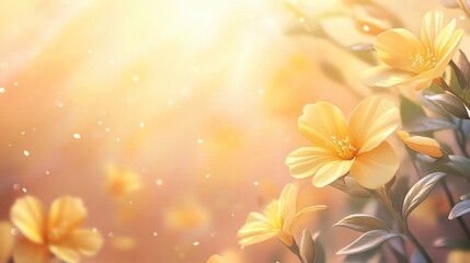 Fototapeta premium Abstract nature background with spring yellow flowers, glowing in the soft morning light, symbolizing hope, renewal, and March 8th celebrations