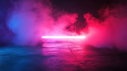 Obraz premium Abstract neon light shining on a dark concrete floor with swirling smoke, mysterious and futuristic atmosphere, perfect for dramatic scenes