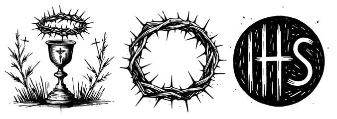 black and white cup with cross vector crown of thorns