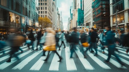 A busy street scene capturing people in motion as they walk across a zebra crossing, creating a sense of urban lifestyle, hustle, and the fast pace of city life