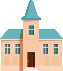 Charming peach colored townhouse building with a blue roof and spire, featuring multiple windows and a welcoming entrance, ideal for architectural or urban illustrations