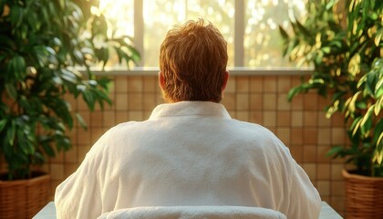 Man in White Bathrobe Sitting at Vanity with Towel Under Arms, Relaxing Morning Routine, Comfort, Calm Start to the Day, Spa-Like Atmosphere, Luxurious Home