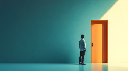 Obraz premium Young man looking at doorway to bright future