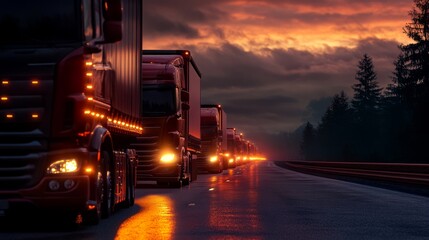 Fototapeta premium A line of trucks parked or moving on a highway at dusk, with their lights illuminating the evening sky, highlighting the transportation and logistics industry
