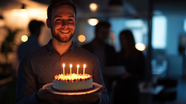 A man holds a birthday cake with three lit candles in an office setting, indicative of a workplace celebration. Blurred colleagues can be seen in the background