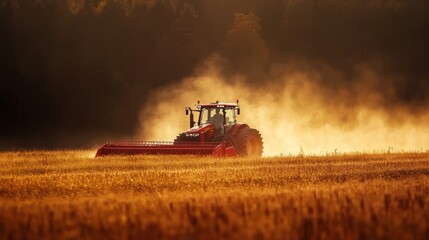 Fototapeta premium A modern agricultural machinery and farming practices are demonstrated by a red tractor that is plowing a field in the early morning light