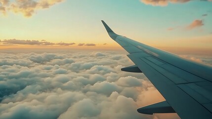 Breathtaking sunset colors reflecting on clouds from airplane wing