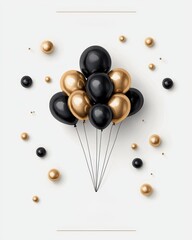 A festive arrangement of black and gold balloons, perfect for celebrations and events, with a minimalist design on a light background