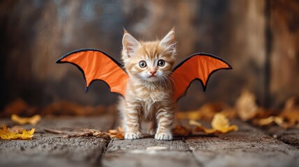 An adorable kitten in a Halloween costume with orange bat wings, posing for a fun and festive Halloween Day celebration