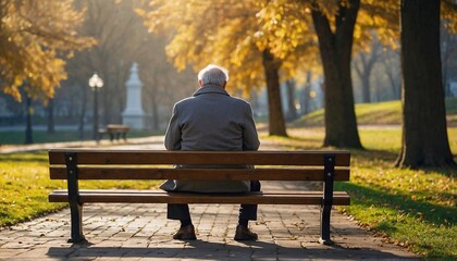 Old man sitting lonely on bench in autumn park