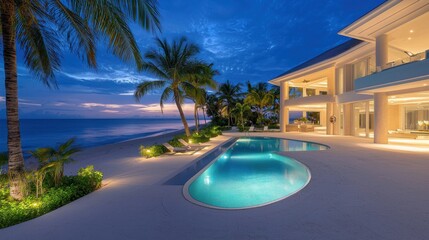 Fototapeta premium Luxurious beachfront mansion with palm-lined gardens, an infinity pool, and direct access to the sandy shore, offering stunning ocean views.