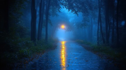 Obraz premium A dark, rain-soaked forest path illuminated by the faint light of the moon, with the sound of distant thunder adding to the mysterious vibe