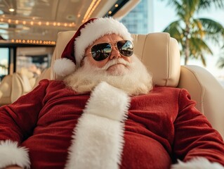 Santa Claus Relaxing on a Yacht in Oversized Sunglasses A Festive Holiday Image for Christmas Cards, Social Media, and More