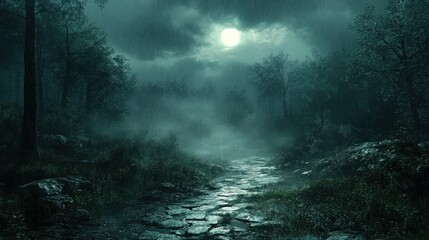 A dark, rain-soaked forest path illuminated by the faint light of the moon, with the sound of distant thunder adding to the mysterious vibe=