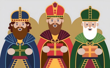Three Wise Men holding gifts in flat cartoon style.