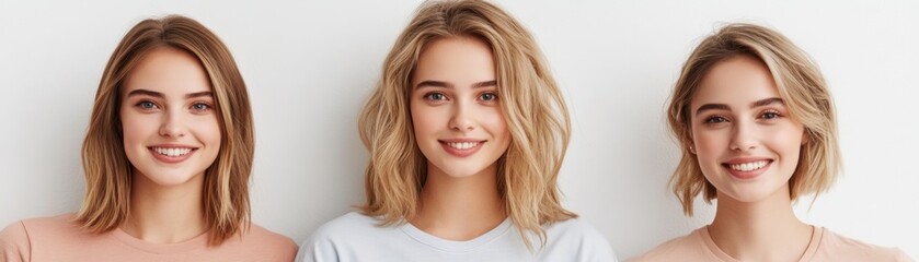 Naklejka premium Studio Shot of Three Women Standing with Casual Outfits, Smiling Faces, White Background, Jeans, T-Shirt, Blonde Hair, Photography, Portrait, Happy, Friends, Together, Posing, Natural Light