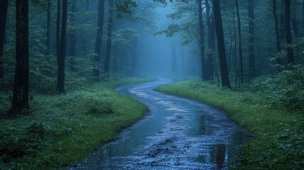 Fototapeta premium A dark, rain-soaked forest path illuminated by the faint light of the moon, with the sound of distant thunder adding to the mysterious vibe=