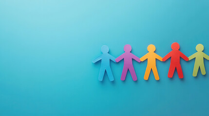 Colorful paper people standing in a row holding hand. Background wallpaper for International Children Day, advertisement, poster, campaign/