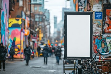 A bustling urban scene showcasing vibrant graffiti-covered walls, bicycles, and a blank billboard on a busy street, blending elements of modern culture and art expression.