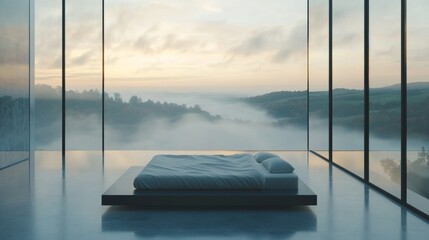 A bed is in a room with a view of a foggy mountain