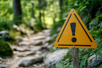 A yellow caution sign with an exclamation mark positioned along a rugged forest trail, warning passersby to proceed carefully on the rocky path ahead.