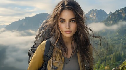 A determined young woman climbing a steep mountain trail, sweat glistening on her forehead, embodying the spirit of perseverance. The breathtaking landscape behind her showcases the journey
