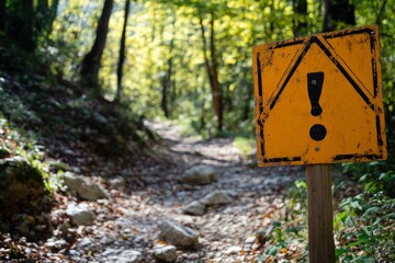 A weathered caution sign with an exclamation mark on a forest trail surrounded by trees and sunlight, highlighting safety in remote natural environments.