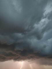 A dramatic sky with dark clouds rolling in, creating an intense, moody atmosphere, with rain visible in the distance and lightning illuminating the storm
