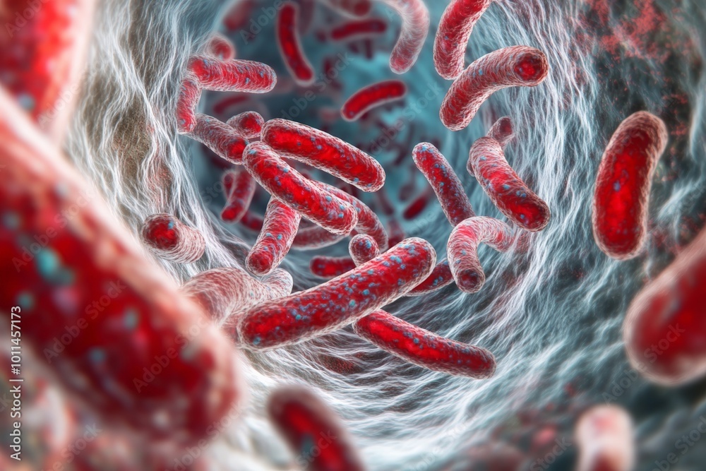 Poster An abstract and microscopic view of red bacteria within a swirling microenvironment, showcasing the intricate beauty and complexity of microscopic life forms.