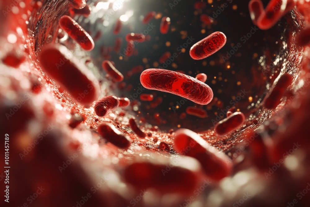 Poster a dynamic artistic portrayal of red bacteria swirling in motion, offering a glimpse into the fascina