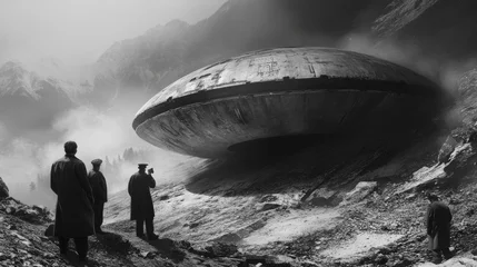 History's photo officers Inspect UFO crashed on the ground, the ground is turned around from the fall, ultra realism, historical authenticity, monochrome