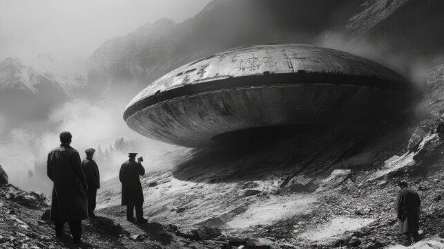 History's photo officers Inspect UFO crashed on the ground, the ground is turned around from the fall, ultra realism, historical authenticity, monochrome