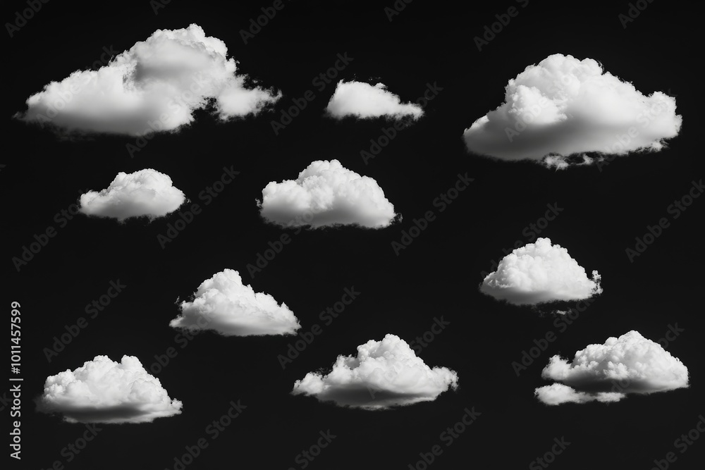 Aufkleber A collection of scattered fluffy clouds set against a plain black backdrop, creating a serene and peaceful composition in this minimalist photograph.