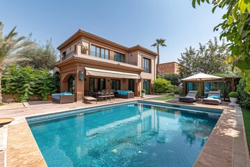 Fototapeta premium Spacious villa with outdoor pool, sunbathing area, and beautiful garden in Al Potrateria, Saudi Arabia, showcasing luxury living.