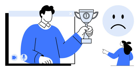 A person on a video call holding a trophy symbolizes victory and celebration. A sad face icon and another character pointing illustrate themes of disappointment and envy. Simple, modern style. Ideal