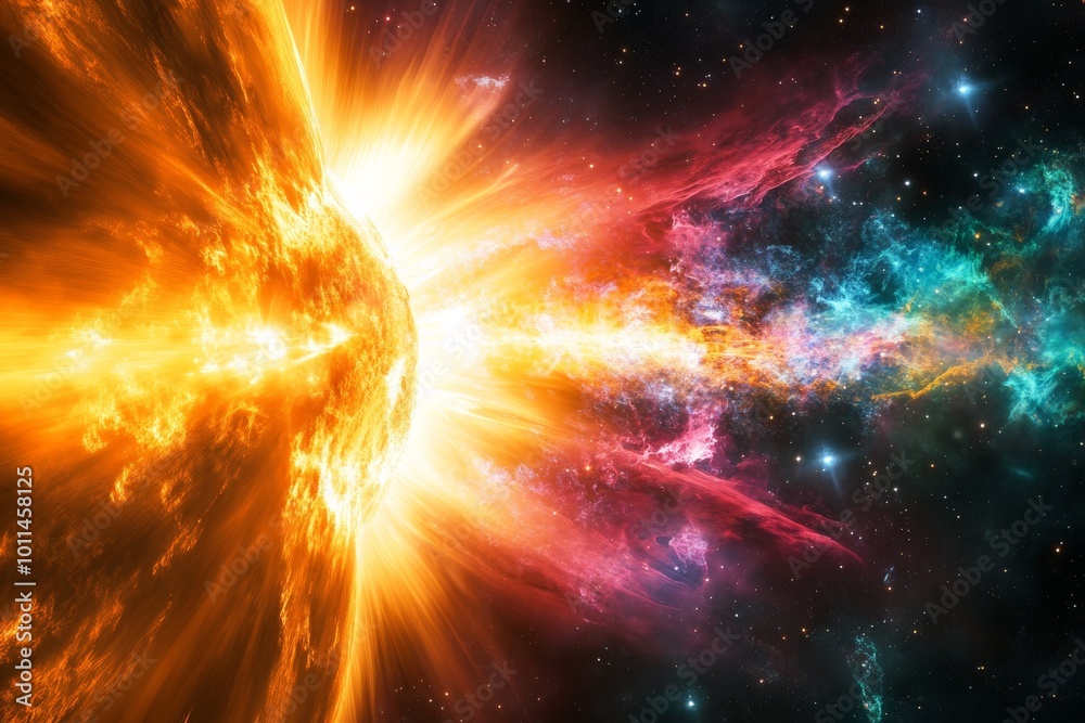Aufkleber a stunning cosmic event, showcasing a fiery explosion of bright colors and dynamic patterns in deep 