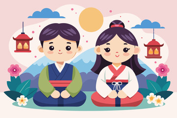 Korean children wearing Hanbok, a boy and girl sitting on the ground holding traditional Korean lanterns in their hands with colorful patterns, Flat background for korean seollal festival celebration