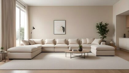 Modern living room with a spacious, beige sectional sofa, minimalist decor, and a neutral color palette