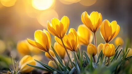 Close-up of fresh spring yellow flowers with light in the background, representing the beauty of the new season and nature renewal