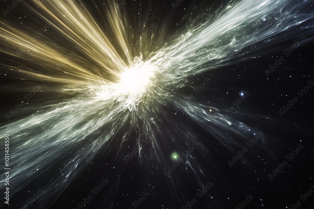 Poster A celestial explosion unfolds with streams of radiant energy cascading through the vastness of space, capturing the universal splendor and infinite possibilities.
