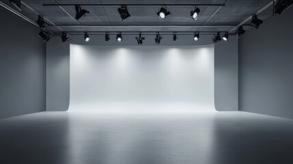 Minimalist studio setup with a smooth grey floor seamlessly transitioning into a white cyc wall dramatically lit by overhead spotlights creating a subtle gradient effect