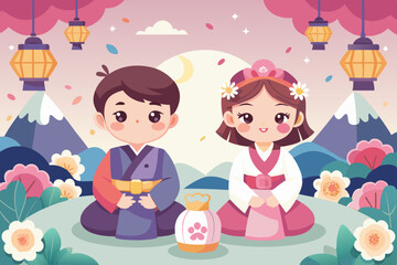 Korean children wearing Hanbok, a boy and girl sitting on the ground holding traditional Korean lanterns in their hands with colorful patterns, Flat background for korean seollal festival celebration