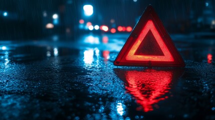 Red Emergency Triangle Reflecting in the Rain at Night