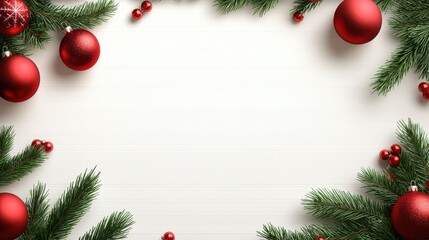 Transparent Christmas frame with a border of green fir branches and red baubles, creating a festive holiday accent.