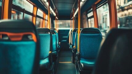 The bus's cabin. seats within the vehicle. Empty seats in the bus cabin. Car seat