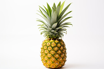 Fototapeta premium A perfectly ripened pineapple with detailed texture, golden yellow skin, and green leaves, sharply photographed on a pristine white background. The lighting accentuates the pineapple’s natural texture