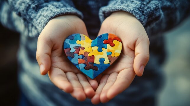 The hands of a young boy holding a puzzle heart is the concept of mental health in children, world autism awareness day, as well as the concept of autism spectrum disorder in teens - Powered by Adobe