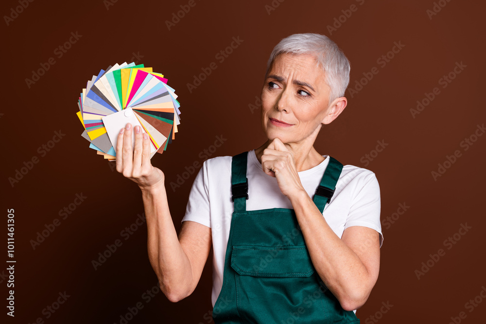 Wall mural Photo of thoughtful charming senior woman wear green uniform hold palette touch chin isolated on brown color background