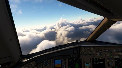 Cockpit view empty flight deck of Boeing 777 flying on day
